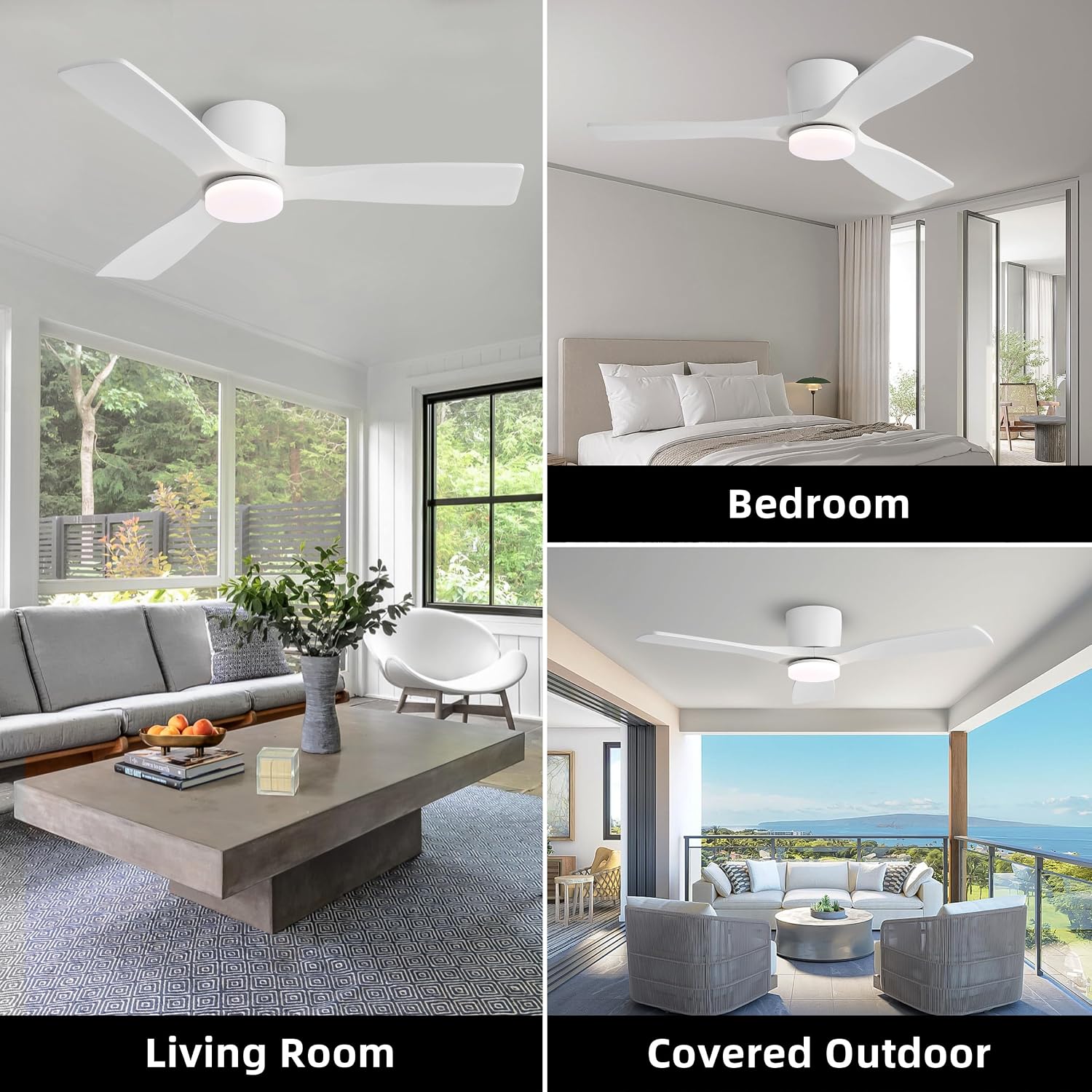 WINGBO 48 Inch Flush Mount DC Ceiling Fan, 3CCT Dimmable Light, 3 Carved Wood Blades, 6-Speed Noiseless Reversible DC Motor, Hugger Low Profile Fan, Gloss White Finish with White Blades, ETL Listed
