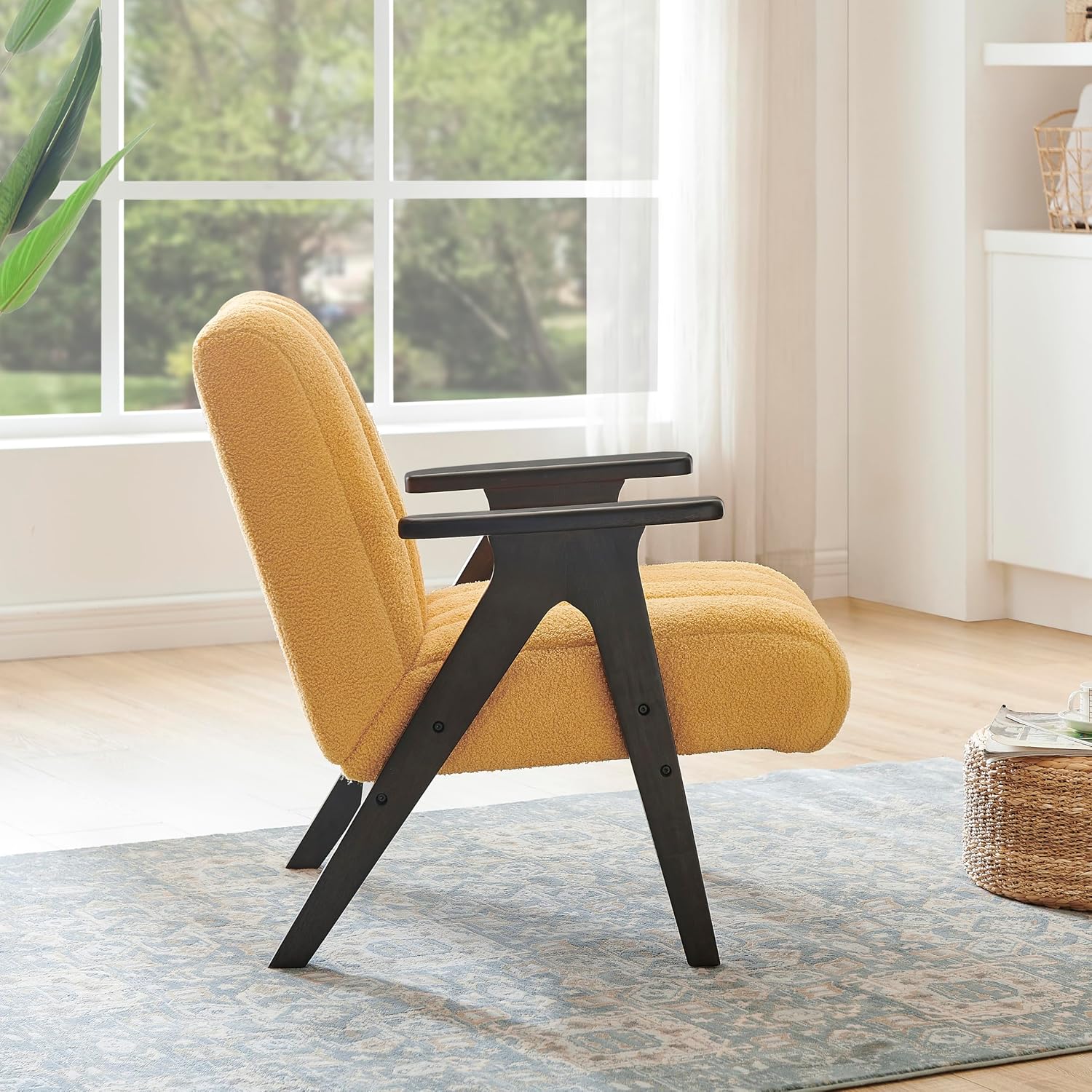 Roundhill Furniture Rella Modern Teddy Sherpa Accent Chair with Espresso Wood Frame, Yellow