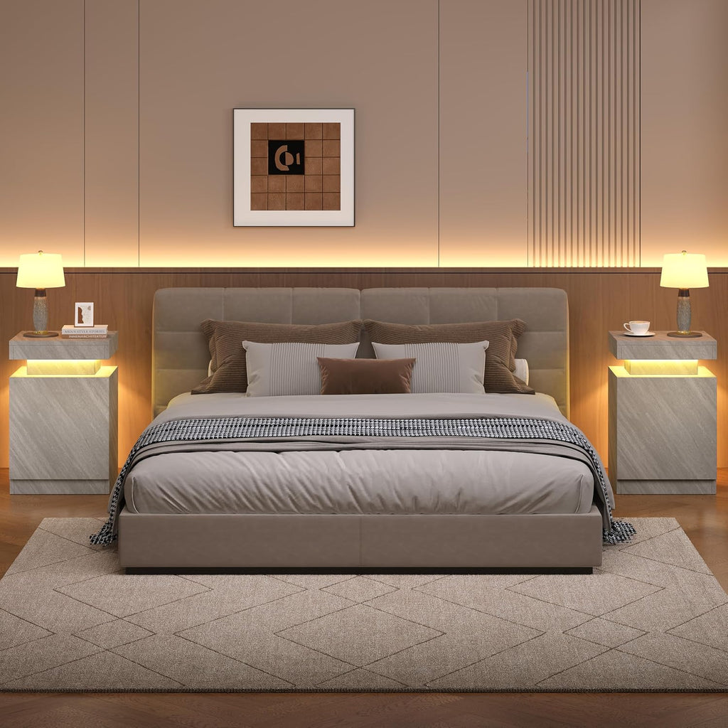 Nightstands Set 2, 17 Inches Modern Bedside Table with LED Lights, LED Night Stand Set of 2, High Gloss Surface, End Table with Storage for Bedroom, Grey