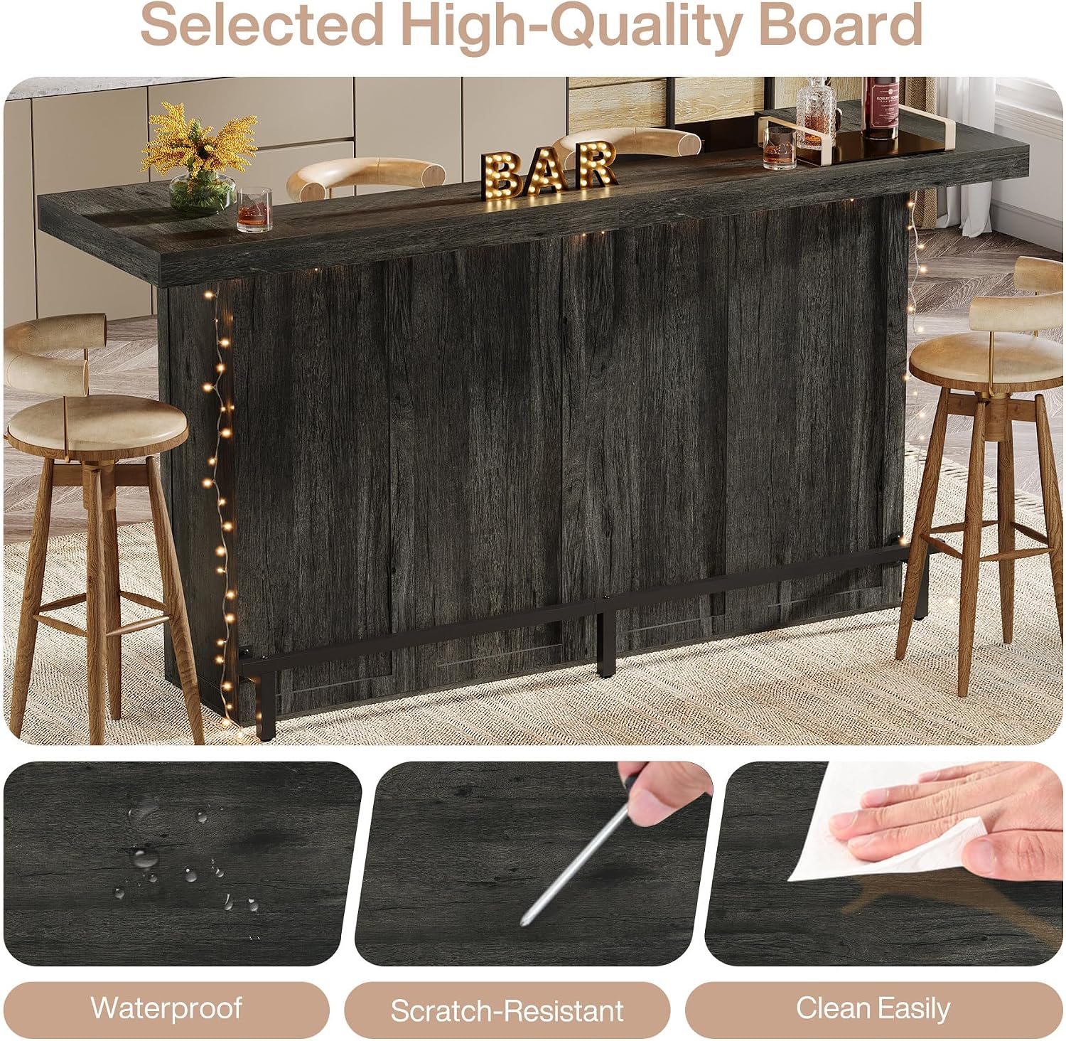 Tribesigns 4-Tier Bar Table, 70.9-Inch Large Wooden Home Bar Unit with Storage Shelves, Pub Table with Wine Glass Holder and Black Footrest for Basement, Dining Room, Living Room, Grey (Grey)