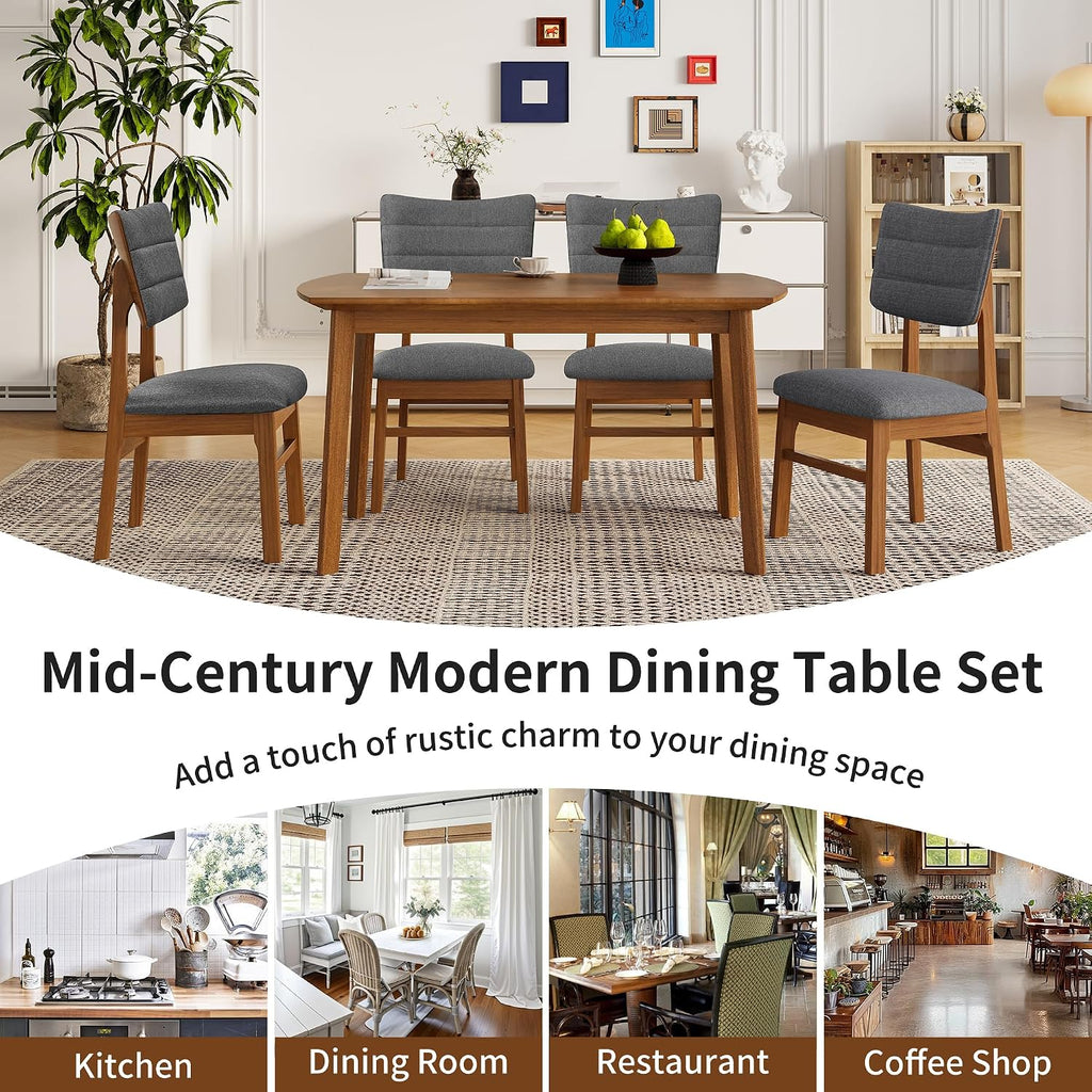 Merax 5 Piece Solid Wood Dining Table Set for 4, Farmhouse Mid-Century Modern and 4 Upholstered Chairs for Home, Kitchen, Apartment, Space Saving, Brown+Gray