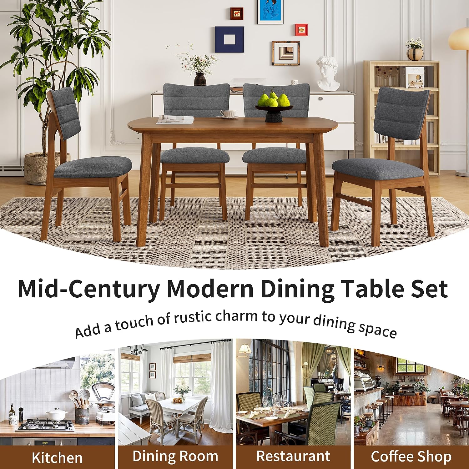Merax 5 Piece Solid Wood Dining Table Set for 4, Farmhouse Mid-Century Modern and 4 Upholstered Chairs for Home, Kitchen, Apartment, Space Saving, Brown+Gray