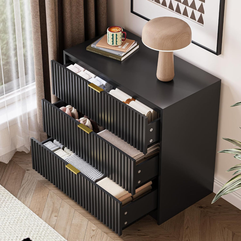 MAISONARIA Black Fluted Dresser for Bedroom, 32 Inch Wide Nightstand with Large Drawer, 3 Drawer End Table for Bedroom, Living Rooms, Offices, and Entryways