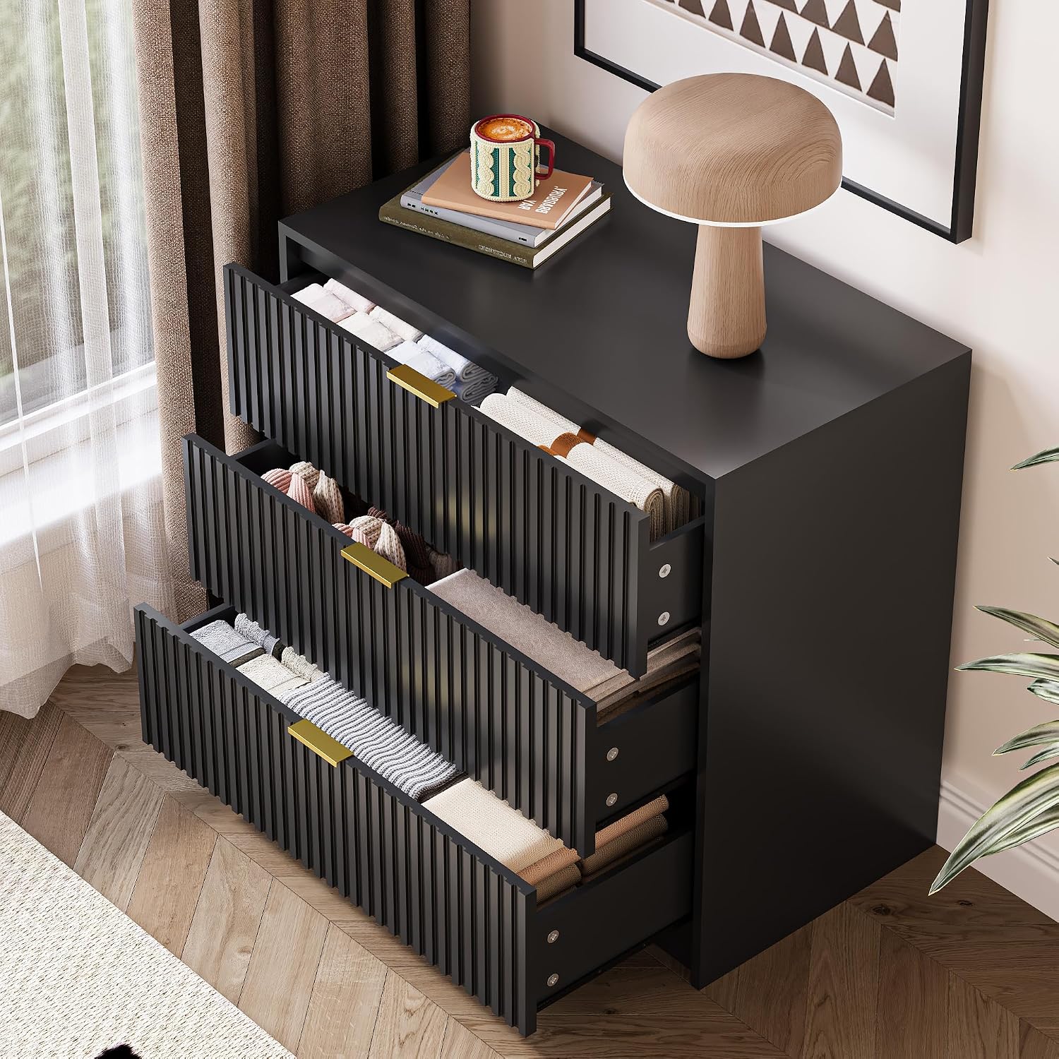 MAISONARIA Black Fluted Dresser for Bedroom, 32 Inch Wide Nightstand with Large Drawer, 3 Drawer End Table for Bedroom, Living Rooms, Offices, and Entryways