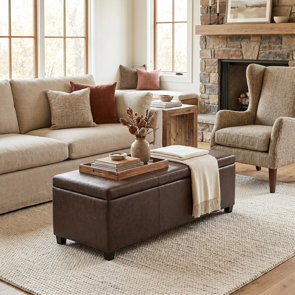 SIMPLIHOME Avalon Storage Ottoman Bench - 48' Wide x 16' High Upholstered Vegan Leather Rectangular Lift-Top Ottoman in Distressed Brown, Contemporary Bench for Living Room with High-Density Foam