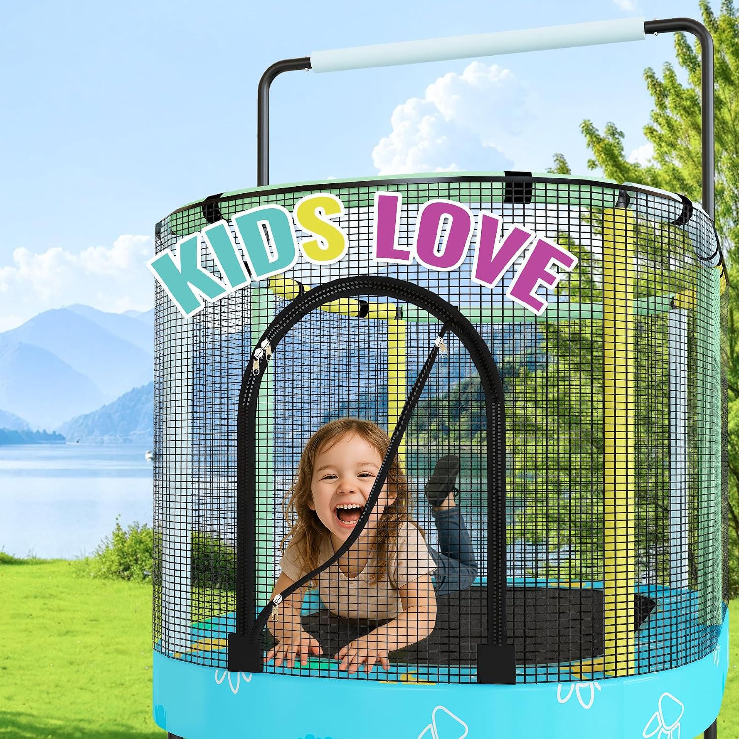Lamerge Kids Trampoline, Toddler Bouncing Trampoline with Safety Enclosure Net, ASTM-Approved, 500lbs Capacity, Ages 1-8, Adjustable Handrail, 7-in-1, 60'