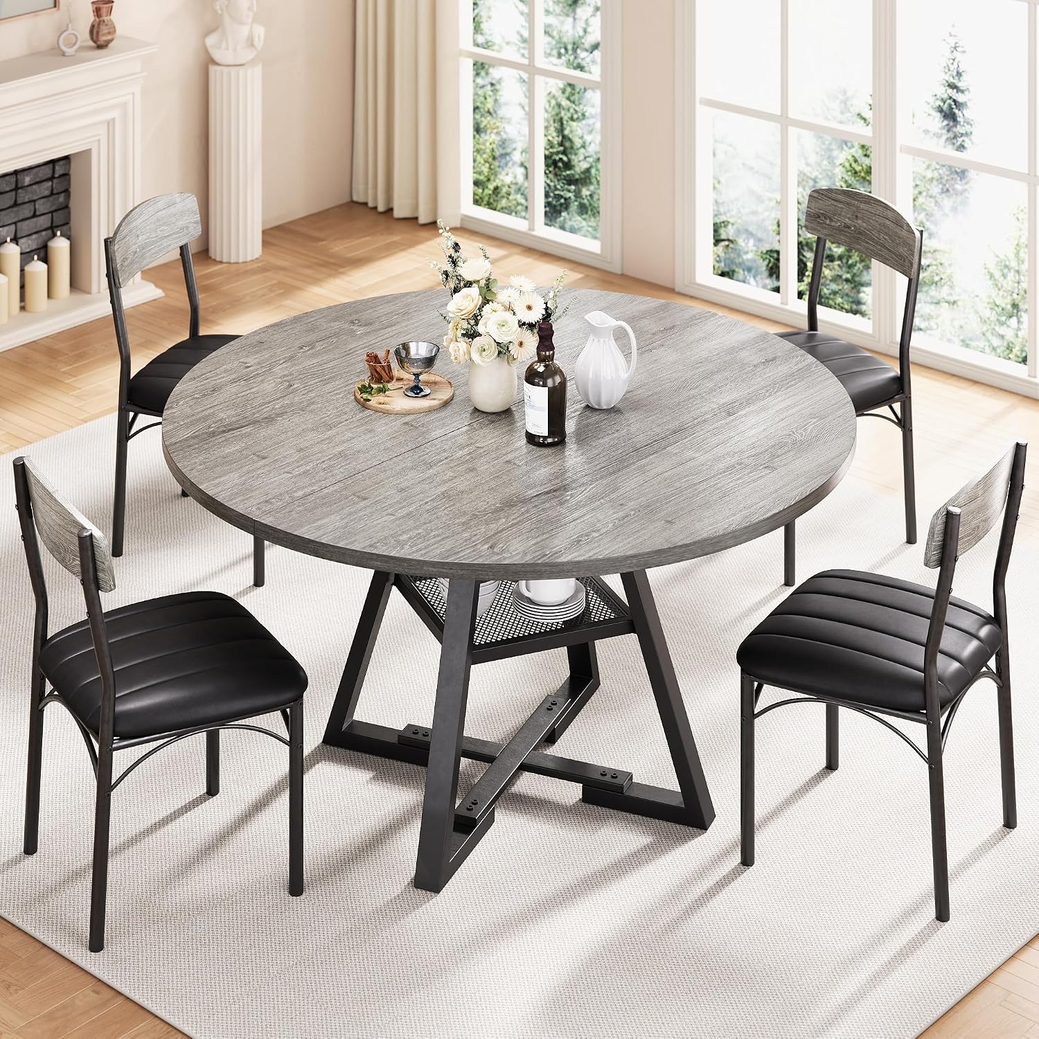 Round Dining Table Set for 4, Kitchen Table and Chairs for 4, Circle Table Round Pedestal Dining Room Dinner Dinette Table Set,5 Piece Space Saving Wood Kitchen & Dining Room Tables (Grey, 42In)