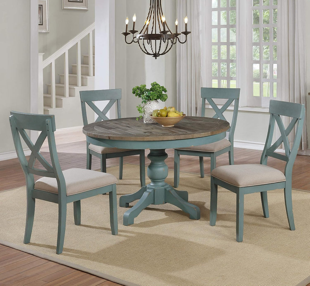Roundhill Furniture Prato 5-Piece Round Dining Table Set with Cross Back Chairs, Antique Blue and Weathered Walnut