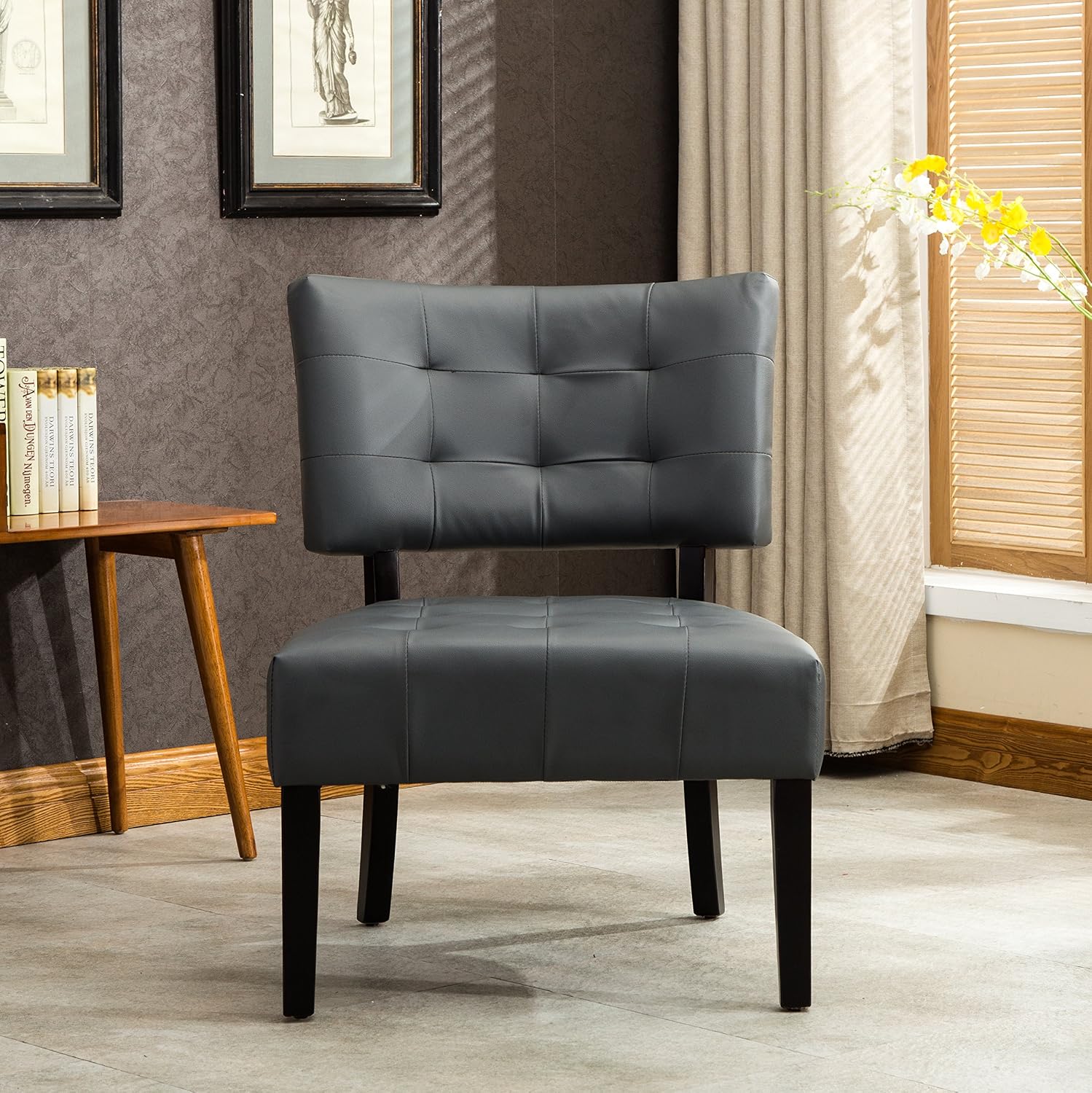 Roundhill Furniture Blended Leather Tufted Accent Chair with Oversized Seating, Gray