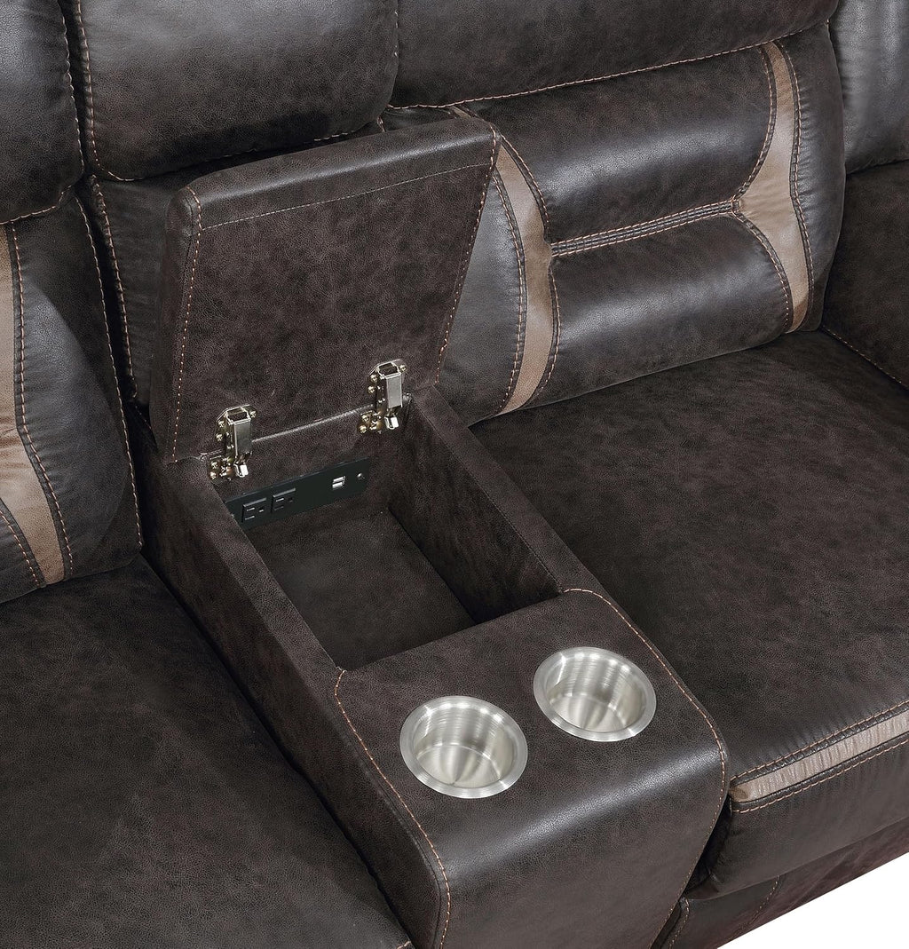 Coaster Home Furnishings - Greer - Faux Leather Upholstered Motion Reclining Loveseat with Console, Lift-Top Container, and Built-in Cupholders - Living Room & Home Theater - Brown - 651355