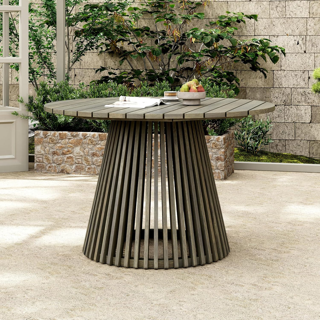 Christopher Knight Home Briar Farmhouse Acacia Wood Round Dining Table, Patio Dining Room Table with Unique Wooden Base for Backyard/Garden, Slatted Design Outdoor Dining Table, Light Teak
