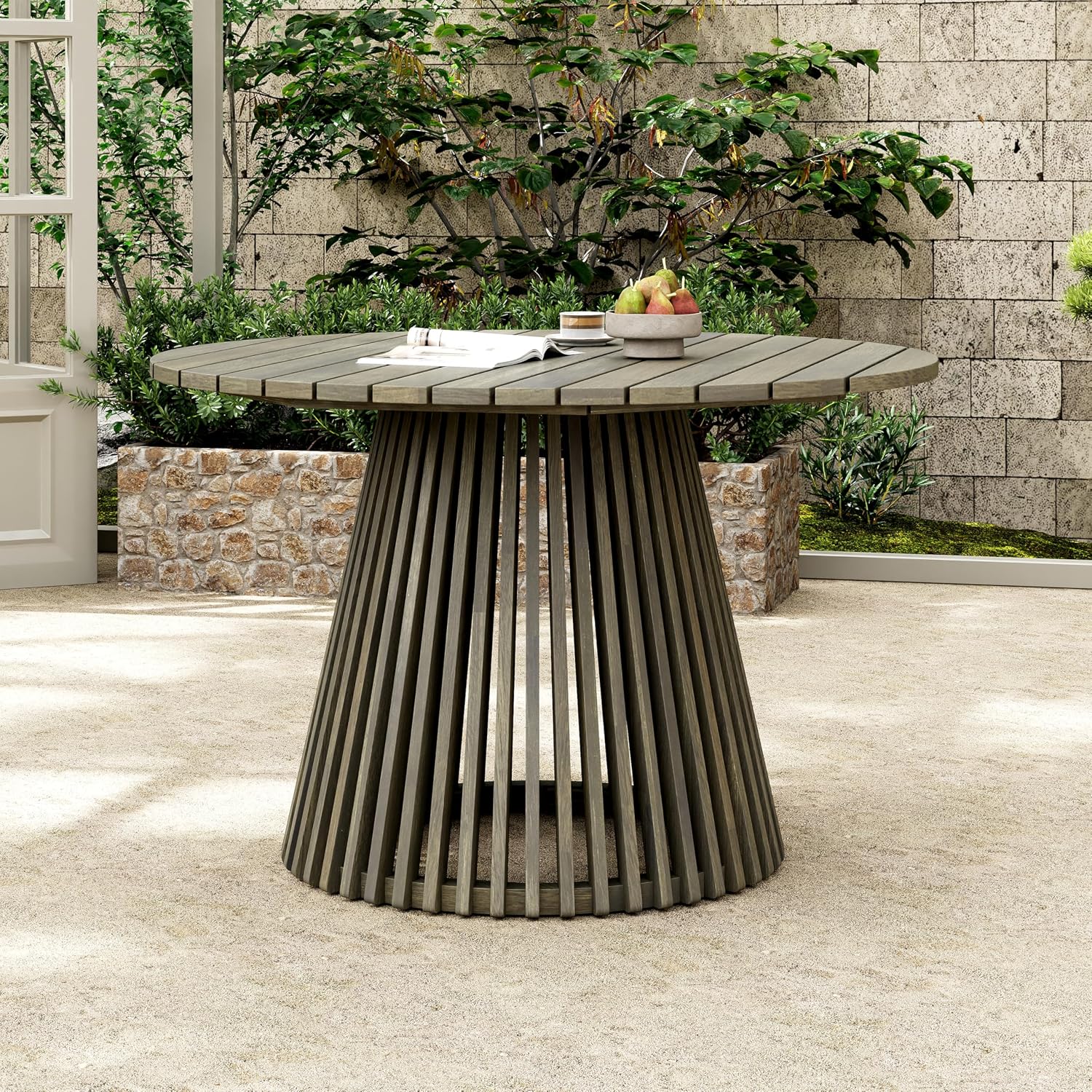 Christopher Knight Home Briar Farmhouse Acacia Wood Round Dining Table, Patio Dining Room Table with Unique Wooden Base for Backyard/Garden, Slatted Design Outdoor Dining Table, Light Teak