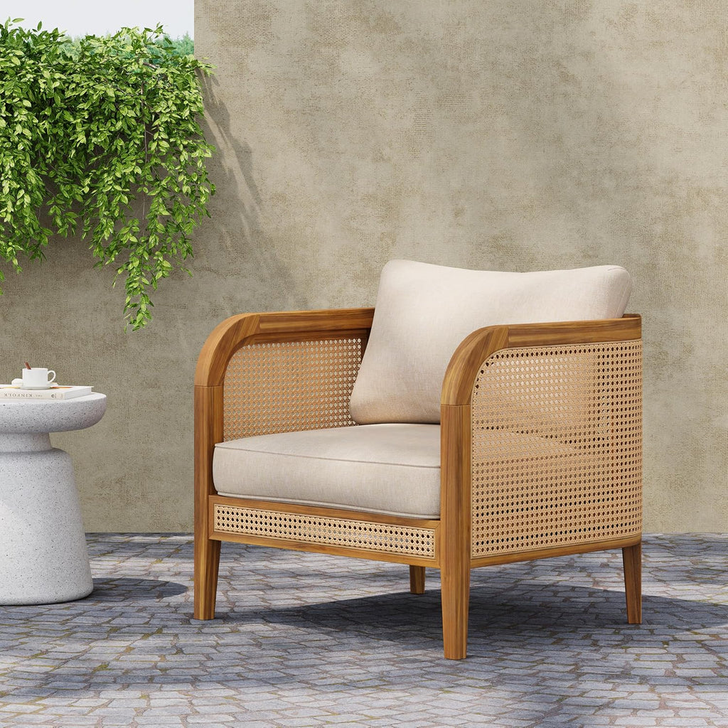 Christopher Knight Home Tilden Bohemian Acacia Wood Patio Accent Chairs, Wicker Lounge Chair Outdoor, Patio Furniture Single Sofa with Removable Cushion, Comfy Garden Reading Chair, Teak+Beige