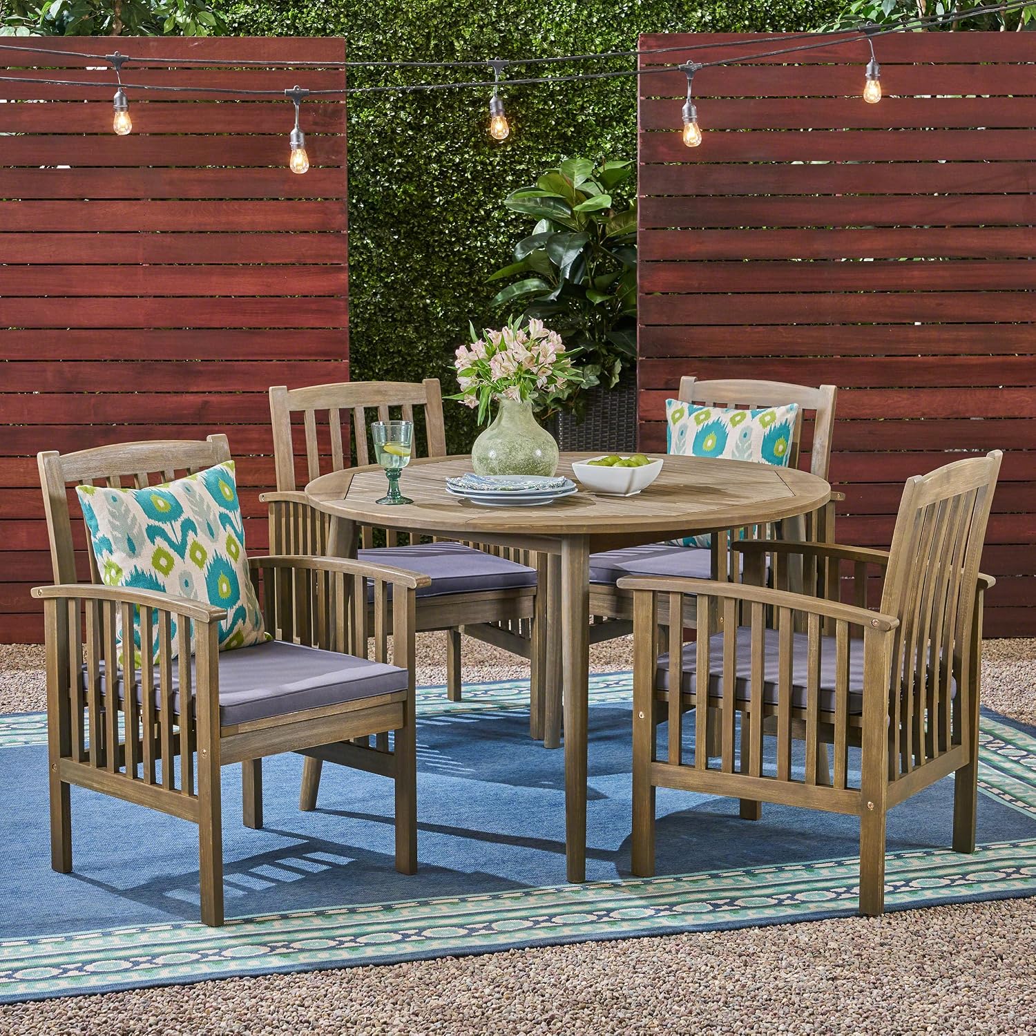 Christopher Knight Home Casa Outdoor Acacia Wood 5 Piece Dining Set with Round Table and Water Resistant Cushion, Gray Finish and Dark Gray