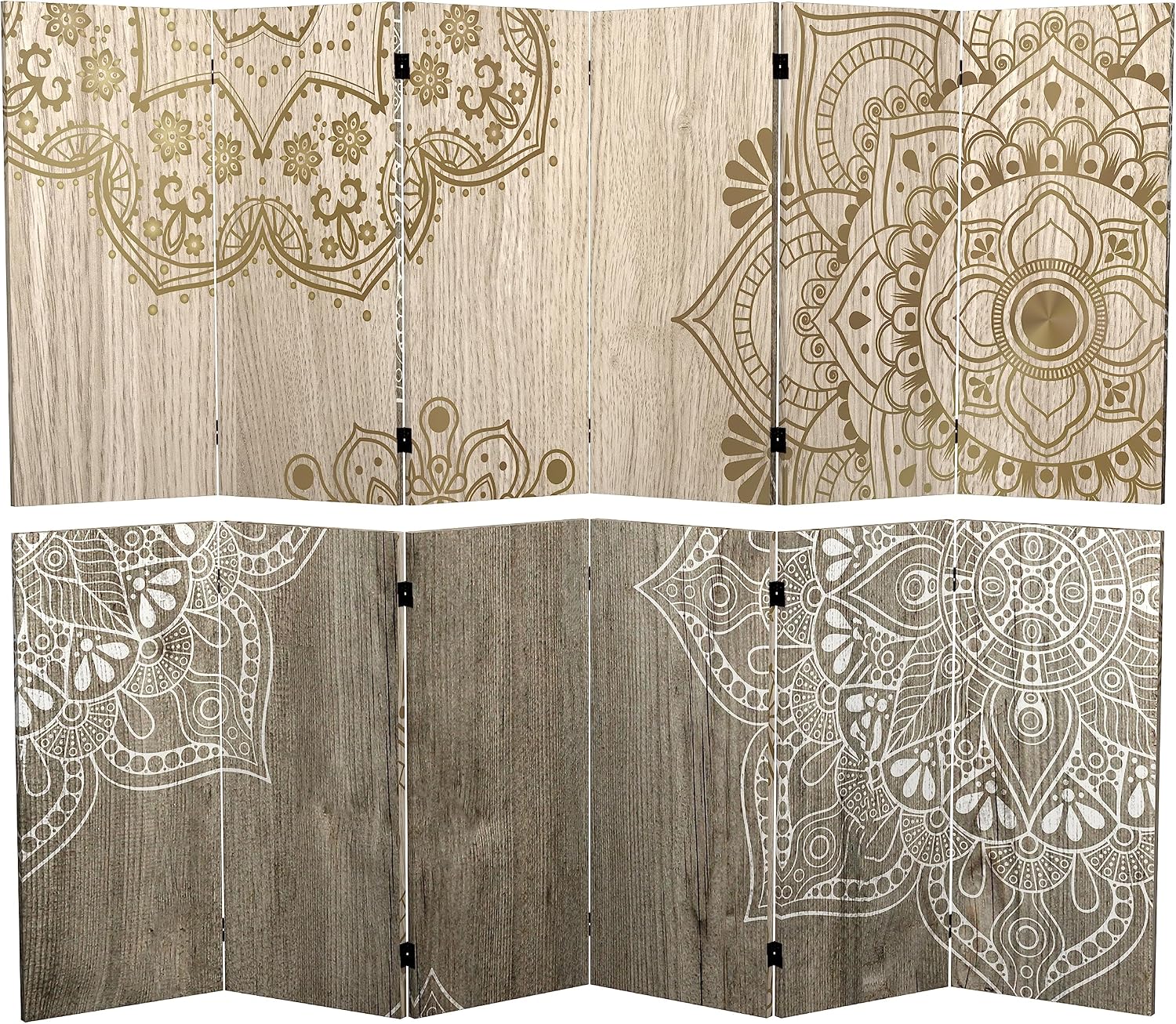 Red Lantern 3 ft. Short Double Sided Mandala on Oak Canvas Folding Screen 6 Panel Freestanding Partition and Separator for Modern and Contemporary Bedroom, Home Office, Studio, Dorm, Apartment