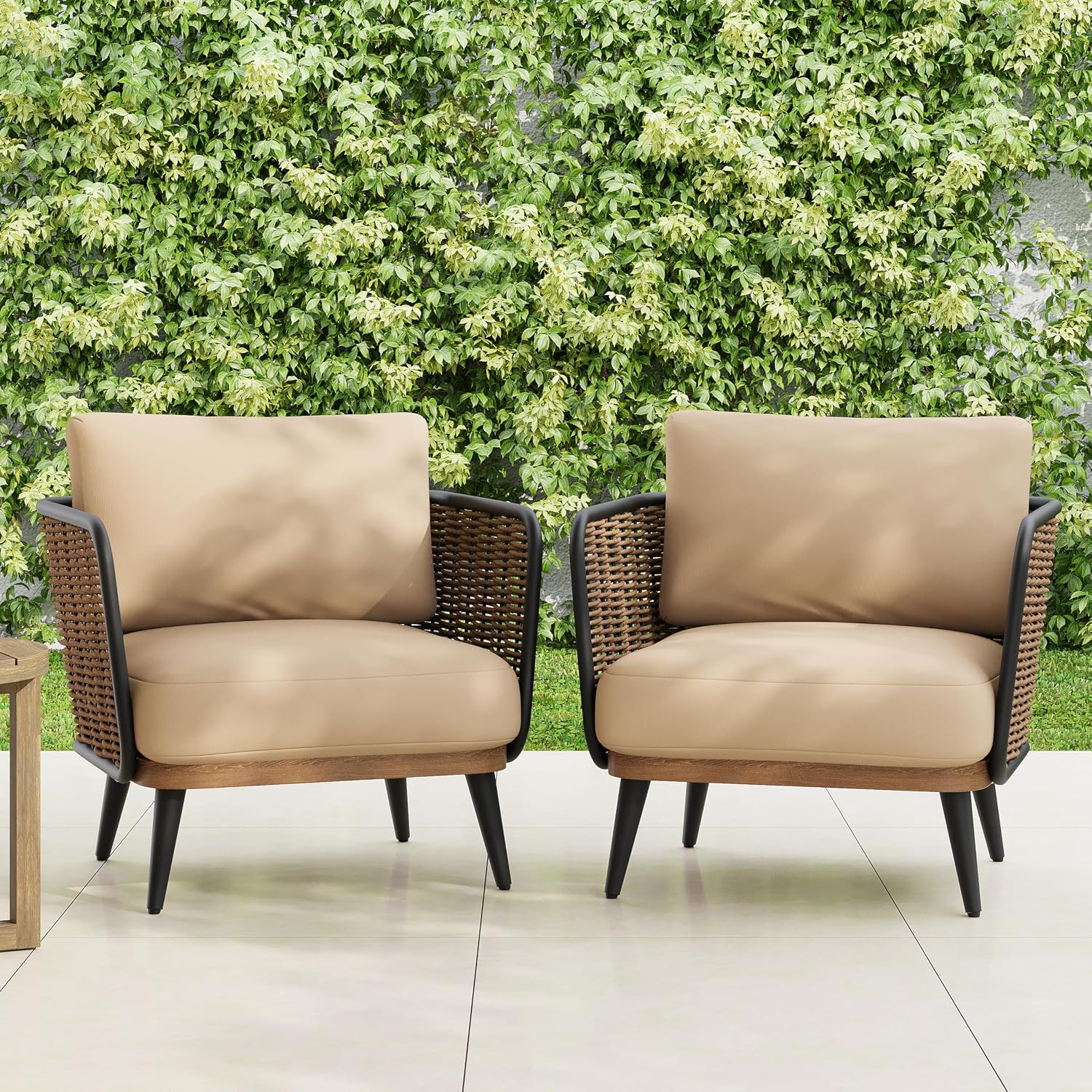 Christopher Knight Home Xayah Patio Wicker Accent Chair Set of 2, Outdoor Lounge Chair with Water-Resistant Cushion, Woven Faux Rattan Backrest & Armrest, Sturdy Metal Frame Armchair, Brown + Khaki