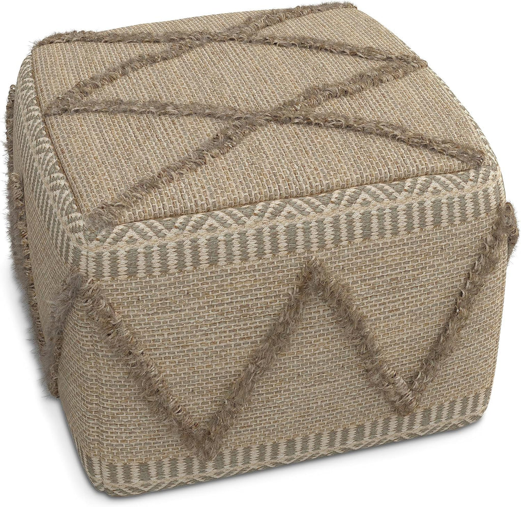 SIMPLIHOME Sweeney Boho Square Pouf in Brown Handloom Woven Pattern for the Living Room, Bedroom and Kids Room