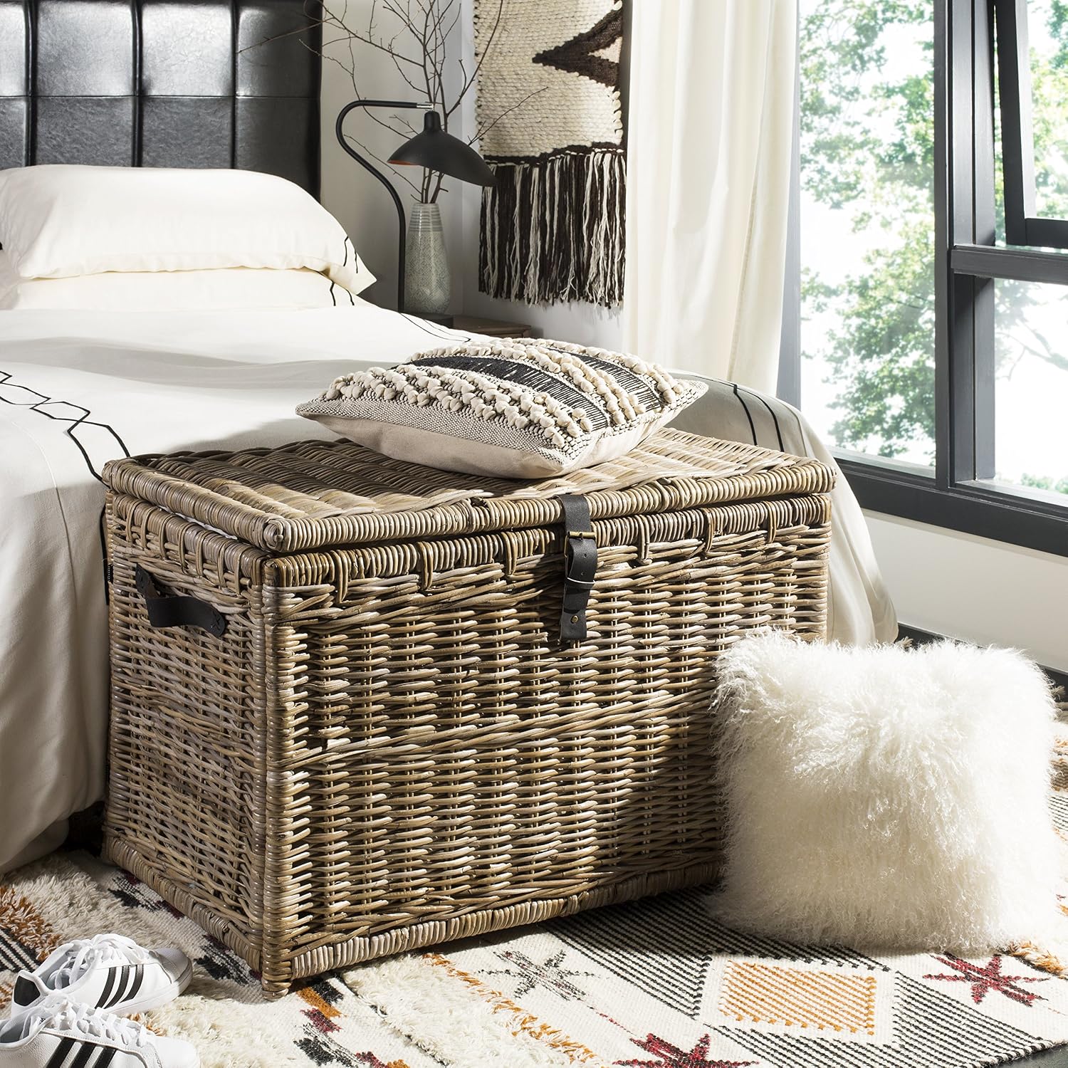 happimess HPM9004B Michael 35' Wicker Storage Trunk, Collapsible for flat storage, Rattan-Kubusoft Gray, Coastal for Office, Dorm Room-LivingRoom, Bedroom, Dining Room, Natural