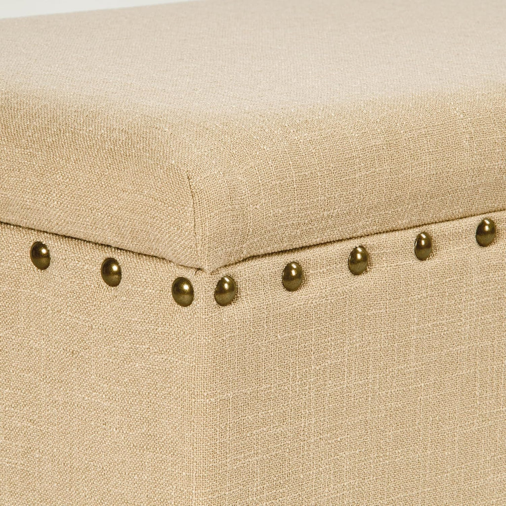 Homepop Home Decor | Upholstered Bench with Nailhead Trim | Large Ottoman with Storage for Living Room & Bedroom | Decorative Home Furniture, Tan Linen