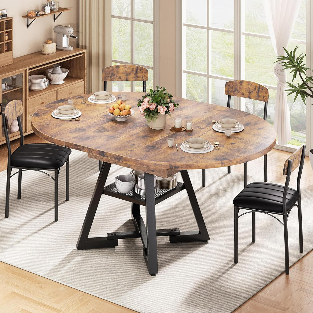 43''-57'' Extendable Round Dining Table for 4-6, Modern Industrial Kitchen Oval Dining Table with Removable Leaves, Space Saving Pedestal Base with Storage Shelf for Kitchen Living Room (Vintage)