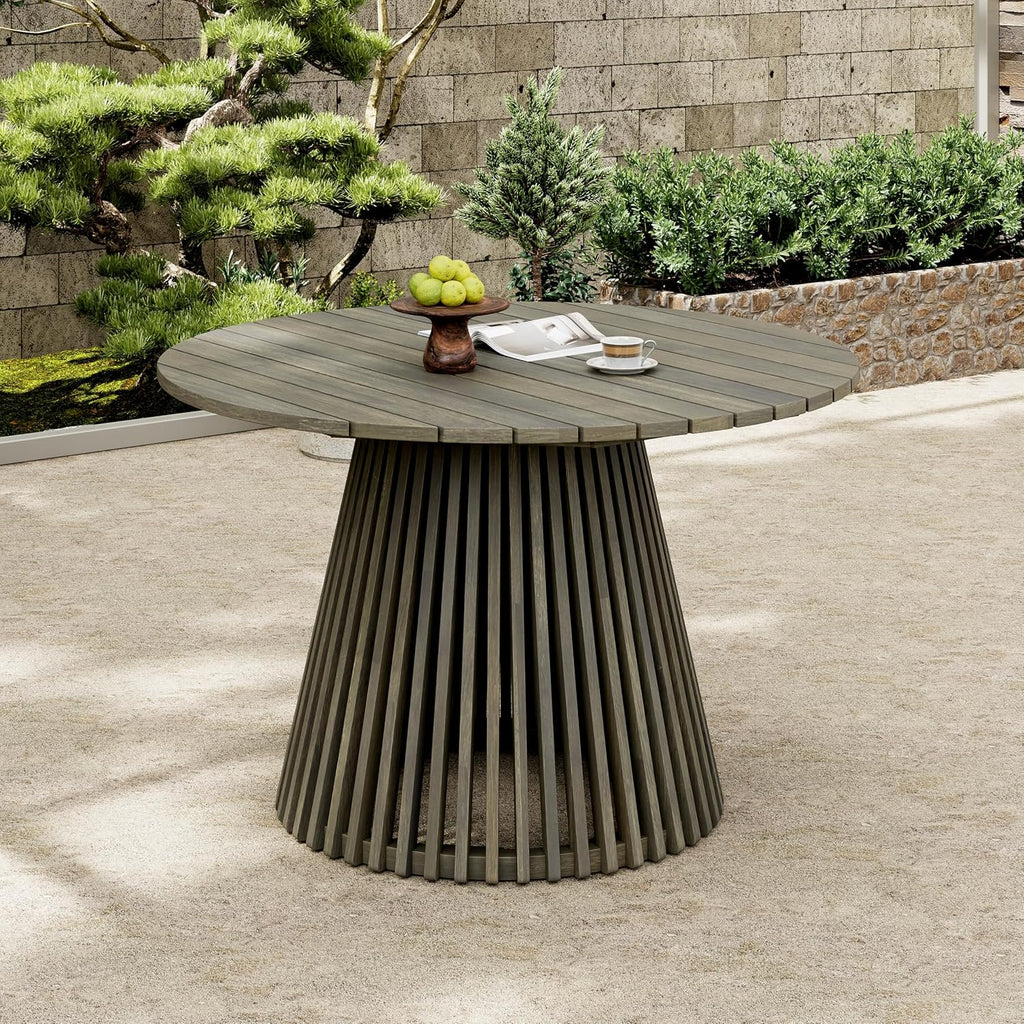 Christopher Knight Home Briar Farmhouse Acacia Wood Round Dining Table, Patio Dining Room Table with Unique Wooden Base for Backyard/Garden, Slatted Design Outdoor Dining Table, Light Teak