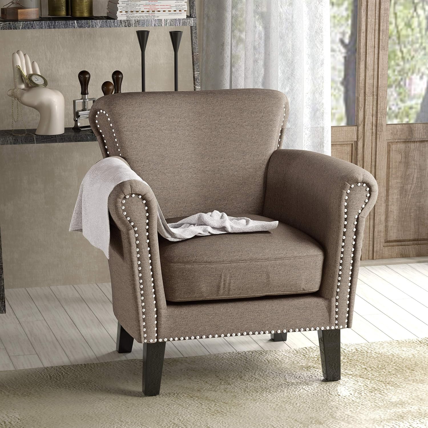Christopher Knight Home Brice Vintage Scroll Arm Studded Fabric Club Chair, Light Coffee / Dark Brown, 31D x 29.5W x 31.5H in