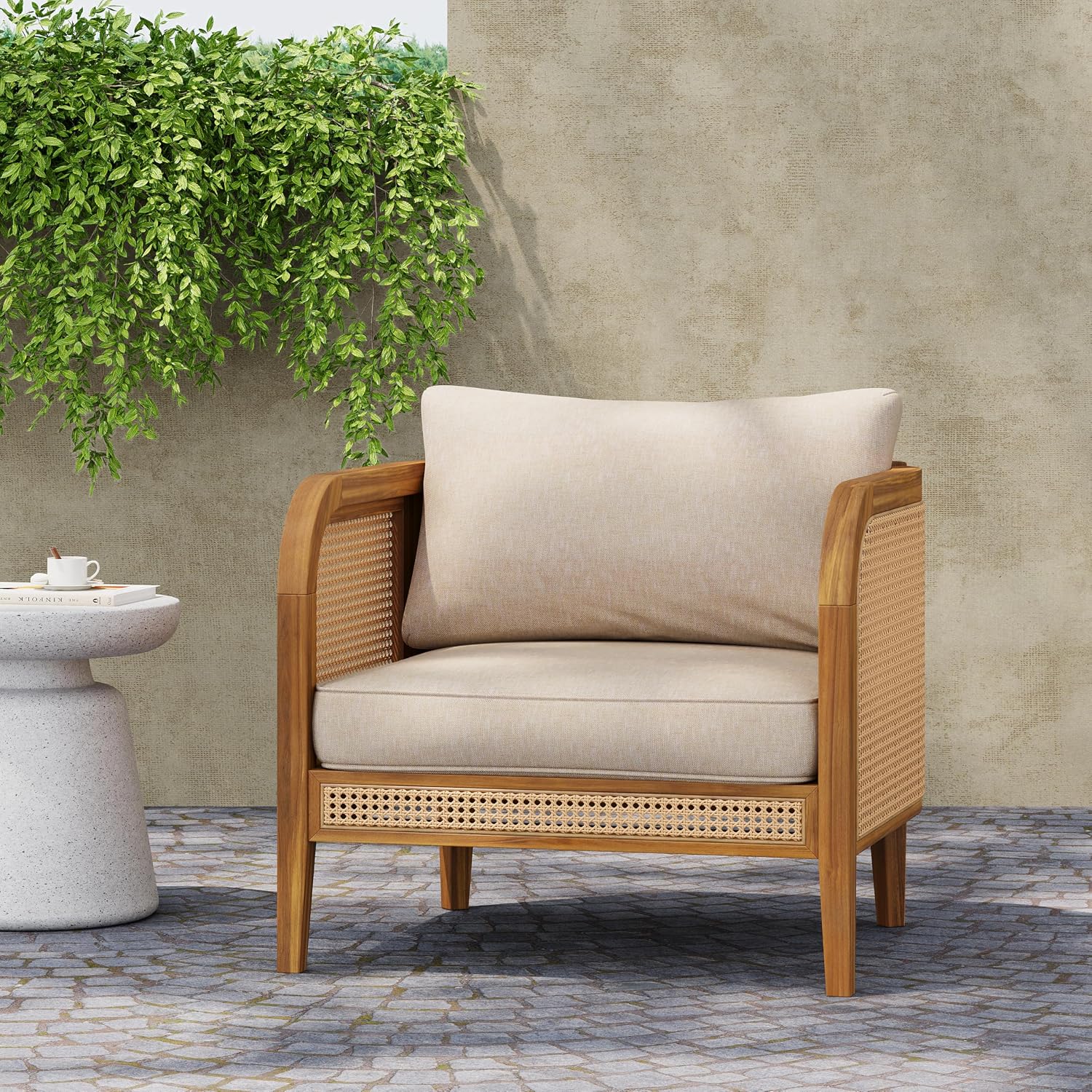 Christopher Knight Home Tilden Bohemian Acacia Wood Patio Accent Chairs, Wicker Lounge Chair Outdoor, Patio Furniture Single Sofa with Removable Cushion, Comfy Garden Reading Chair, Teak+Beige