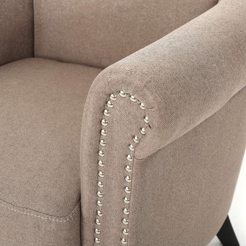 Christopher Knight Home Brice Vintage Scroll Arm Studded Fabric Club Chair, Light Coffee / Dark Brown, 31D x 29.5W x 31.5H in