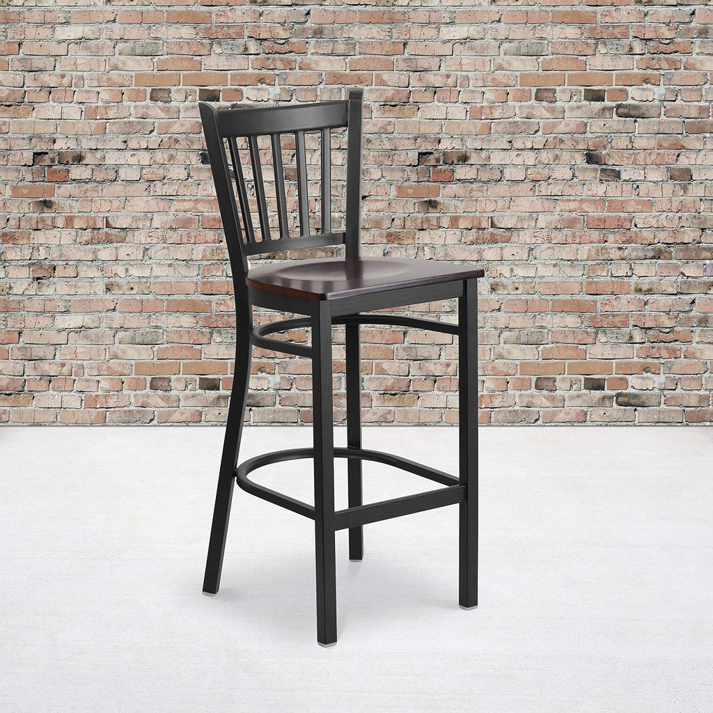 Flash Furniture HERCULES Series Black Vertical Back Metal Restaurant Barstool - Walnut Wood Seat (Pack of 2)