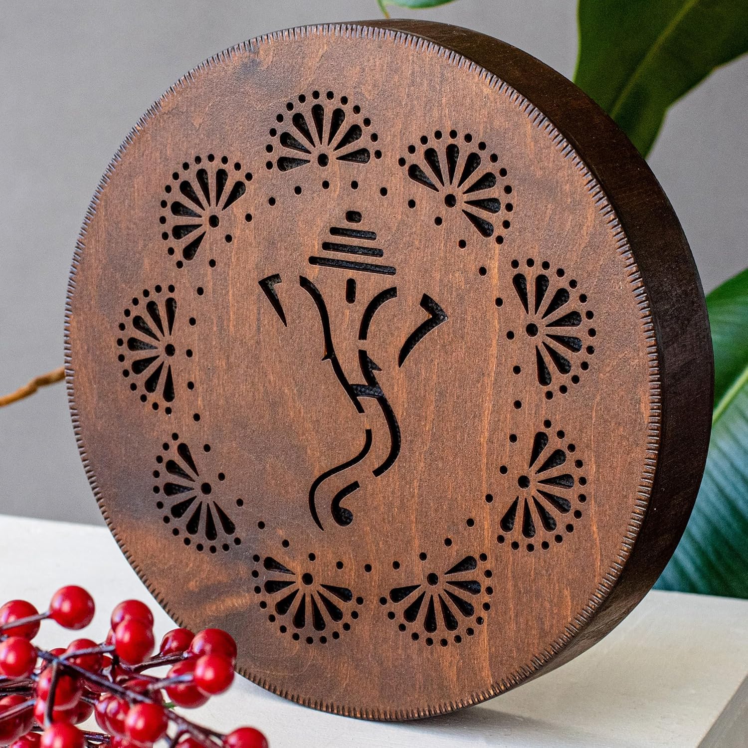 Rain-Fall Disc, 8.6 Inch (22 cm) Wooden Ocean Drum, Gentle Rain Sound for Sound Bath, Meditation & Sound Healing, Elephant & Lotus Design