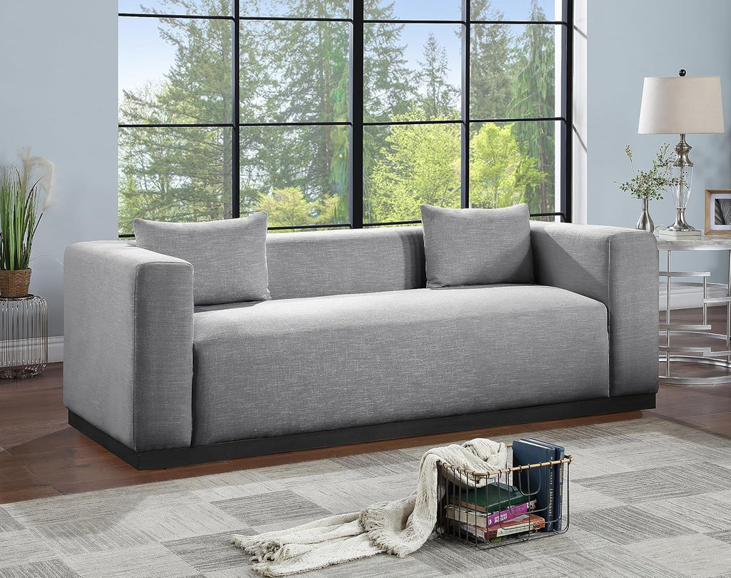 Meridian Furniture 642Grey-S Alfie Collection Modern | Contemporary Sofa with Rich Grey Linen Textured Fabric, Black Finish Solid Wood Base, 90.5' W x 36' D x 28.5' H, Grey