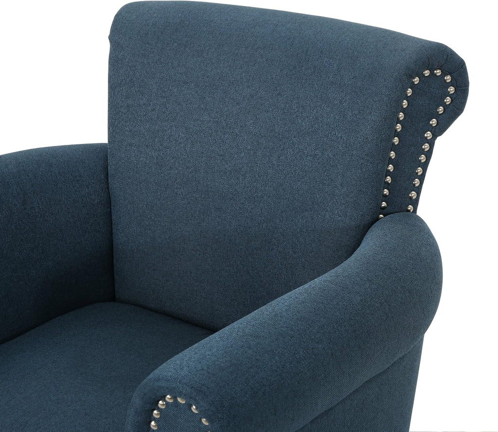 Christopher Knight Home Brice Vintage Scroll Arm Studded Fabric Club Chair, Navy Blue / Dark Brown 31D x 29.5W x 31.5H in