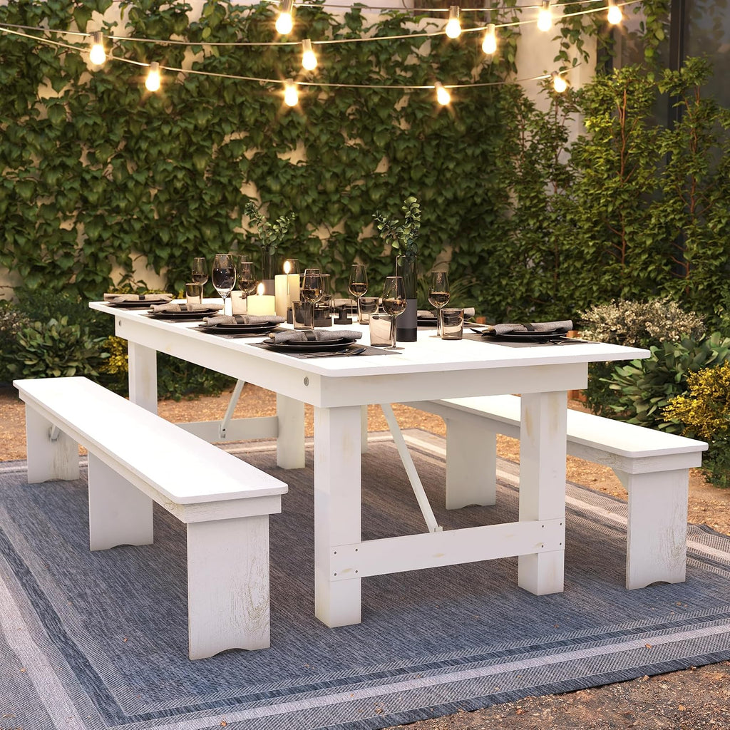 Flash Furniture Hercules Commercial Grade Farmhouse Dining Table | Solid Pine Foldable Table for 10 in Antique Rustic White | Rustic Charm for Home and Events