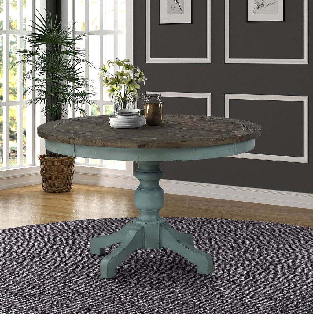 Roundhill Furniture Prato 5-Piece Round Dining Table Set with Cross Back Chairs, Antique Blue and Weathered Walnut