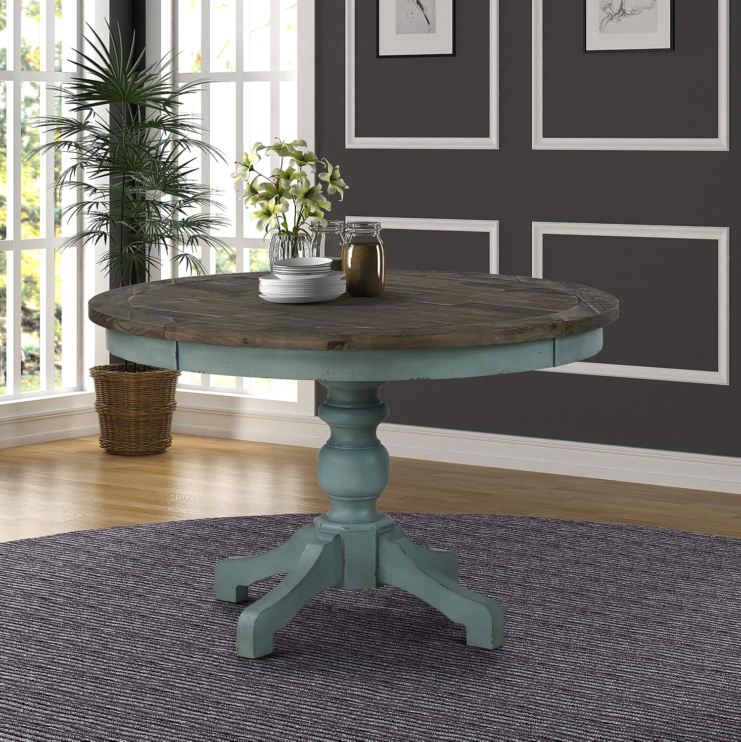 Roundhill Furniture Prato 5-Piece Round Dining Table Set with Cross Back Chairs, Antique Blue and Weathered Walnut