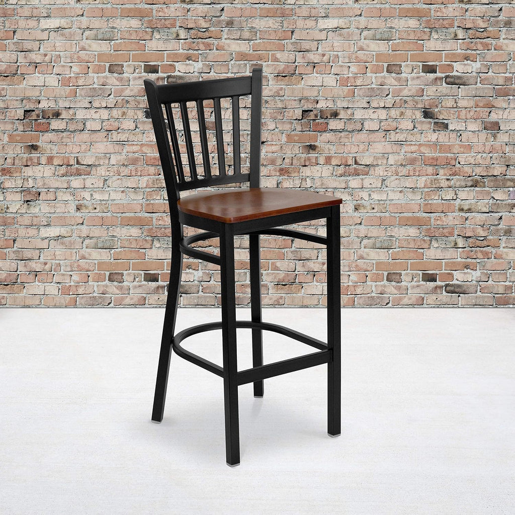 Flash Furniture 2 Pk. HERCULES Series Black Vertical Back Metal Restaurant Barstool - Cherry Wood Seat