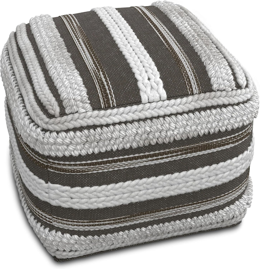 SIMPLIHOME Sommer Boho Square Pouf in Natural/Taupe Grey Handloom Woven Pattern for the Living Room, Bedroom and Kids Room