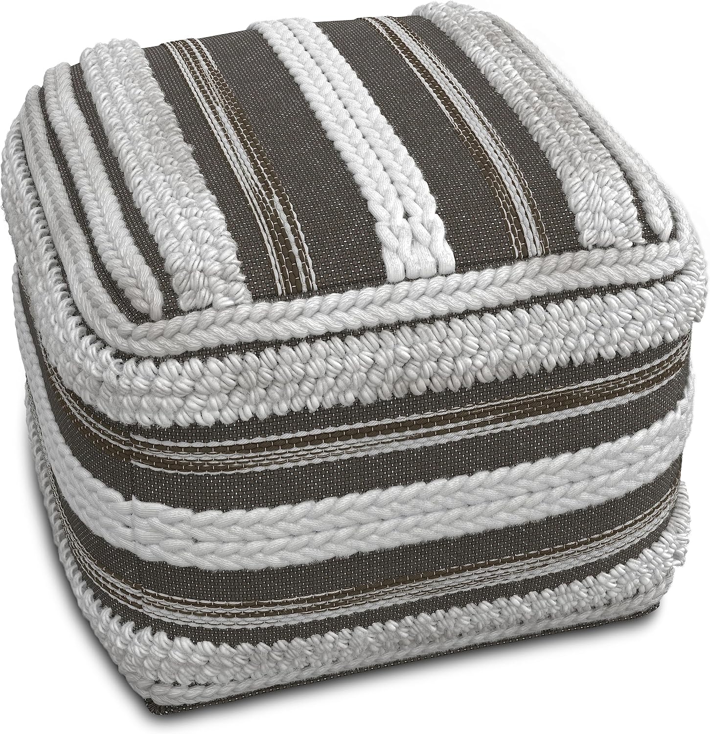 SIMPLIHOME Sommer Boho Square Pouf in Natural/Taupe Grey Handloom Woven Pattern for the Living Room, Bedroom and Kids Room
