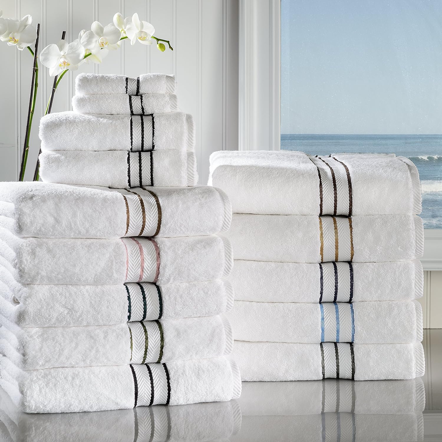 Superior Hotel Turkish Cotton 10 Piece Towel Set, Ultra Plush Spa Quality Heavyweight Essentials for Bathroom, Thick Absorbent and Soft, Dobby Border, Includes 2 Bath 4 Hand 4 Washcloths, Teal