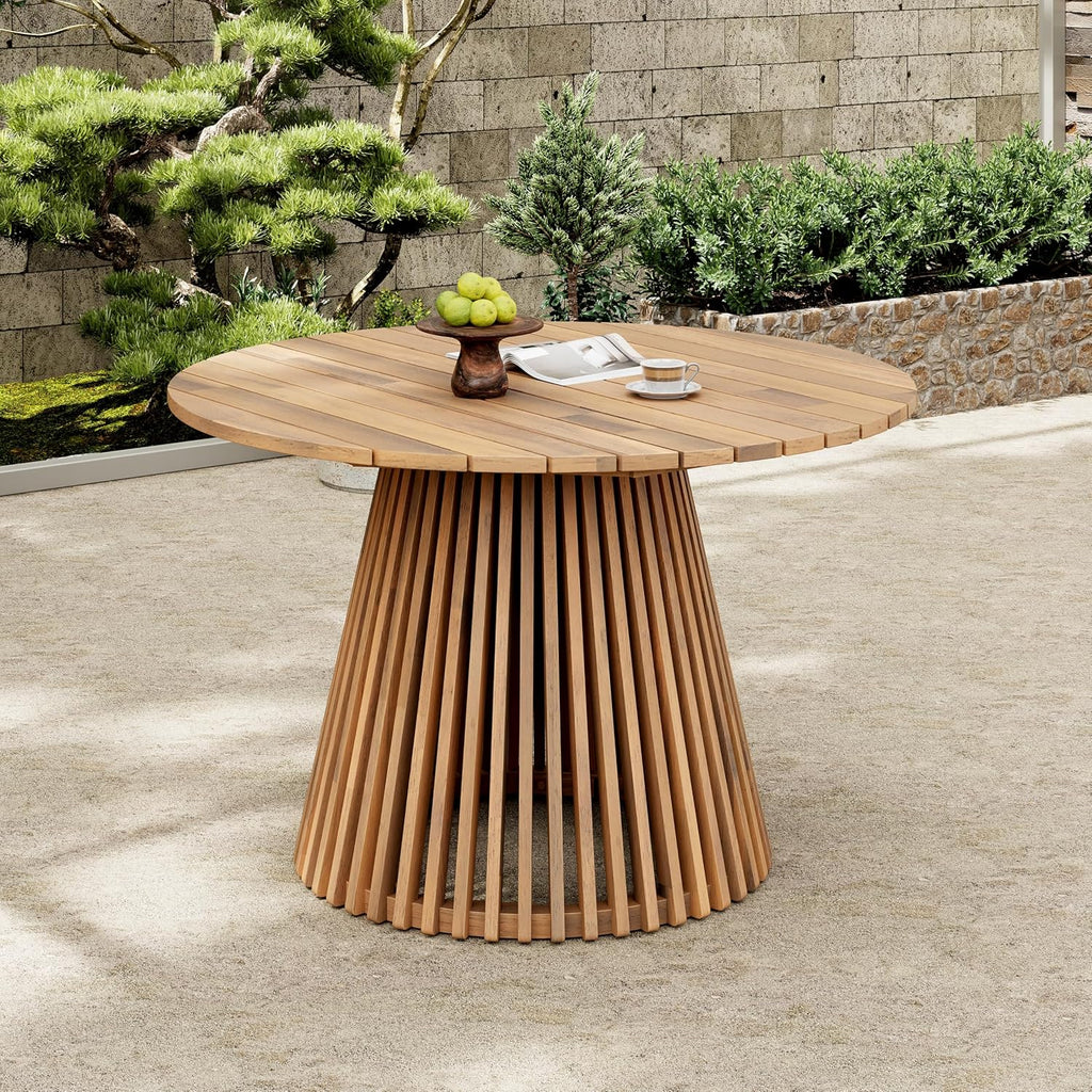 Christopher Knight Home Briar Farmhouse Acacia Wood Round Dining Table, Patio Dining Room Table with Unique Wooden Base for Backyard/Garden, Slatted Design Outdoor Dining Table, Light Teak