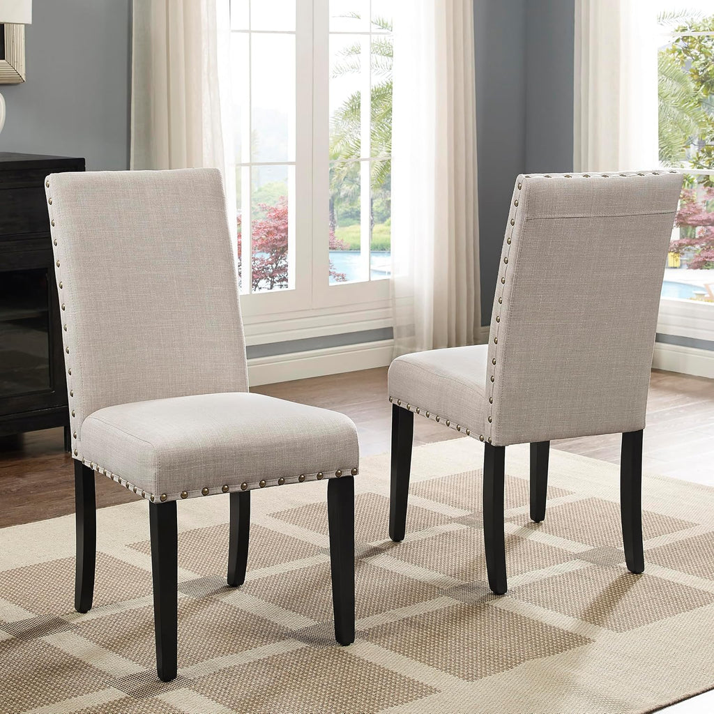 Roundhill Furniture Biony Fabric Dining Chairs with Nailhead Trim, Set of 2, Tan